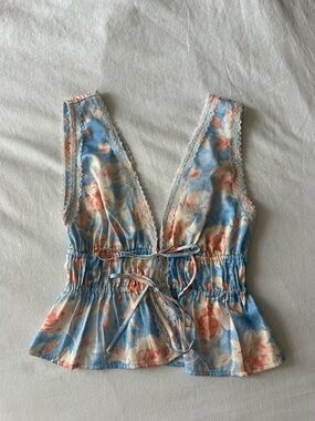 Floral Lace-Trim Blue & Peach V-Neck Women's Top
